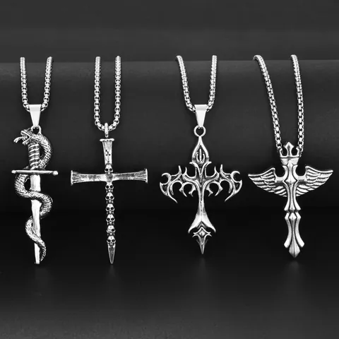 Collier Pendentif Épée et Serpent Gothique pour Hommes Femmes Chaîne en Acier Inoxydable Alliage Croix Crâne Aile Couronne Bijoux