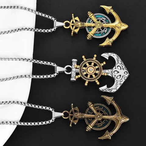 Collana con Ciondolo Ancora e Timone Vintage Catena in Acciaio Inossidabile Lega Nautica Bussola Punk Hip Hop Gioielli Unisex