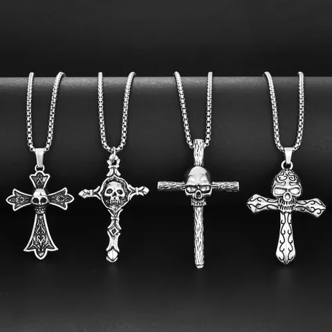 Collier Pendentif Croix Crâne Gothique Chaîne Box en Acier Inoxydable Alliage Bijoux Argent Vintage pour Halloween Fête Homme Femme