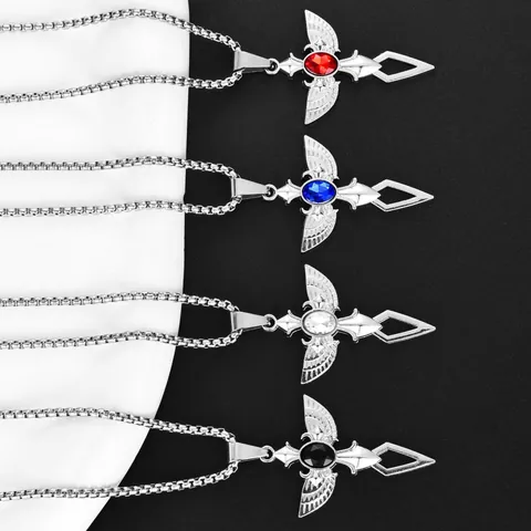 Collier Pendentif Épée Croix Aile Gothique en Acier Titane avec Gemme Ovale Incrustée Bijoux Hip Hop Punk Street pour Hommes Femmes Cadeau