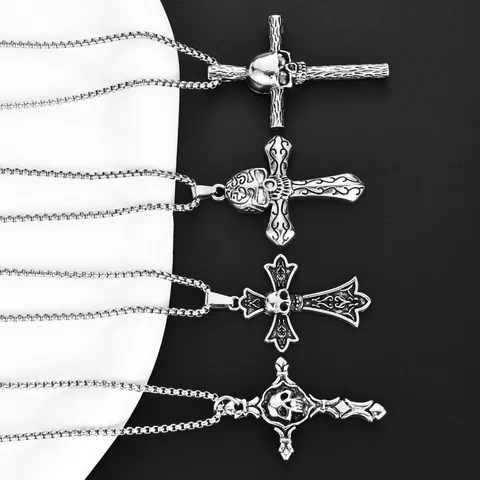Collier Pendentif Croix Crâne Gothique Chaîne Box en Acier Inoxydable Alliage Bijoux Argent Vintage pour Halloween Fête Homme Femme