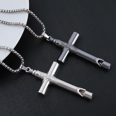 Vintage Stainless Steel Cross Whistle Necklace For Men Women Personalized Blowable Functional Pendant Gothic Jewelry Necklace