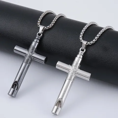 Vintage Stainless Steel Cross Whistle Necklace For Men Women Personalized Blowable Functional Pendant Gothic Jewelry Necklace
