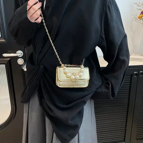Women Mini Crocodile Embossed PU Leather Handbag With Faux Artificial Pearl Handle Gold Chain Strap Crossbody Party Evening Square Bag