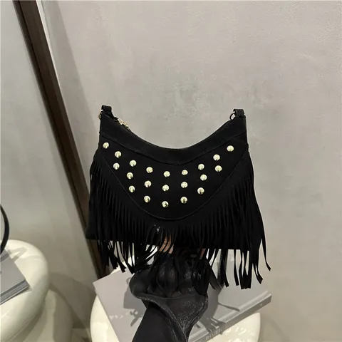 Borsa a Tracolla Vintage da Donna con Nappine e Rivetti in Pelle PU Effetto Scamosciato Borsa Messenger Stile Bohémien