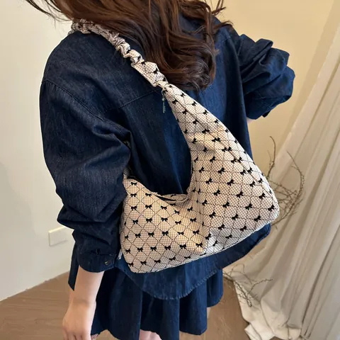 Damen Süßer Vintage Segeltuch Gitter Schleife Unterarmtasche Gerüschter Griff Hobo Tasche Kleine Schleife Druck Umhängetasche