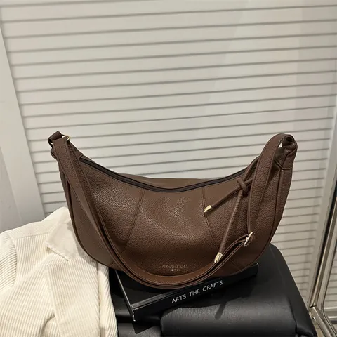 Women Casual Lychee Grain PU Leather Half Moon Shoulder Bag Large Capacity Solid Color Hobo Tote Bag with Adjustable Strap
