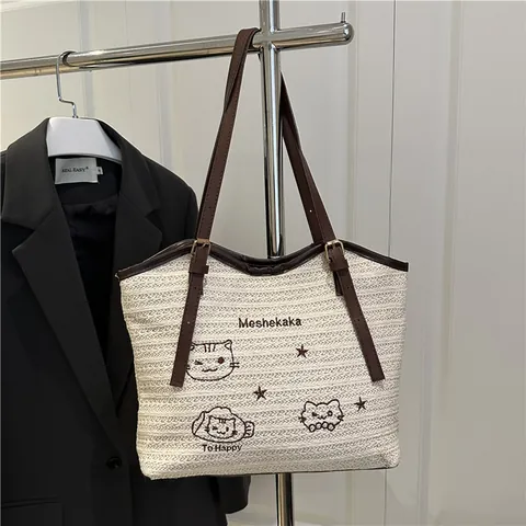 Damen Casual Gewebte Stroh Tragetasche Große Kapazität Mode Cartoon Katze Stickerei Schultertasche Für Urlaub Reise Alltag
