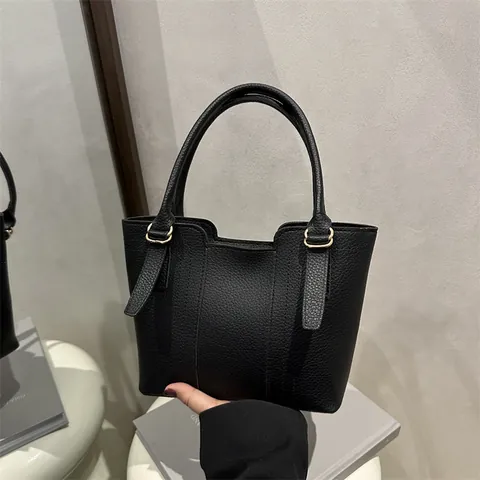 Fashion Women Litchi Pattern PU Leather Bucket Bag Retro Urban Simple Handbag Versatile Crossbody Bag Gold Hardware Shoulder Bag