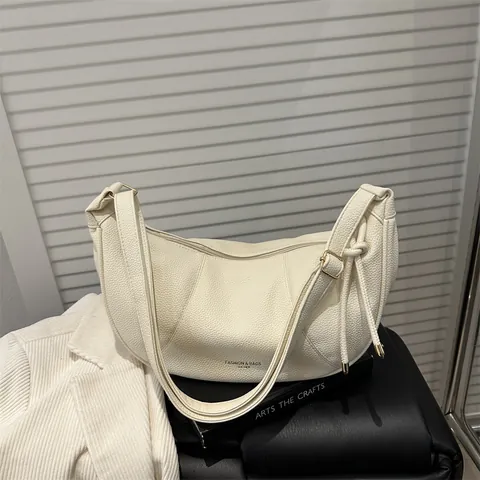 Women Casual Lychee Grain PU Leather Half Moon Shoulder Bag Large Capacity Solid Color Hobo Tote Bag with Adjustable Strap