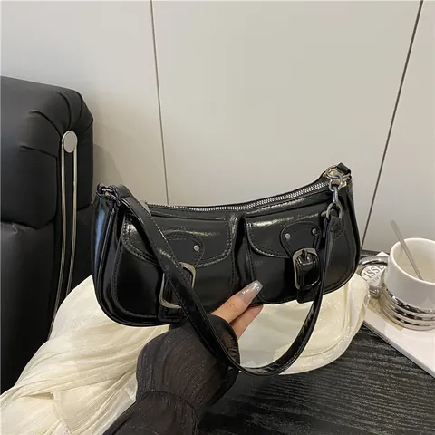 Women Retro Glossy PU Leather Underarm Bag Double Front Pockets Metal Buckle Vintage Y2K Style Small Shoulder Bag Daily Wear