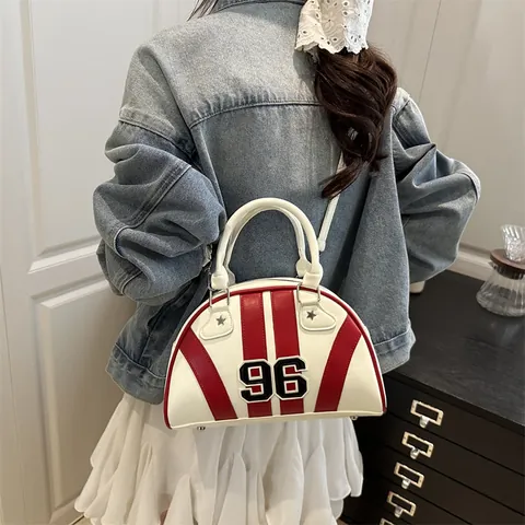 Borsa a Mano da Donna Sportiva Retro Americana in Pelle PU Colore a Contrasto a Righe Con Patchwork Numerico a Tracolla