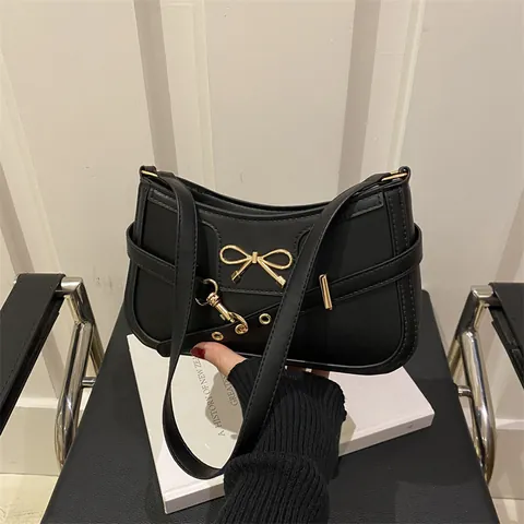 Borsa Sottospalla in Pelle PU Vintage da Donna Con Decorazione a Fiocco Dorato Elegante Borsa a Tracolla in Tinta Unita