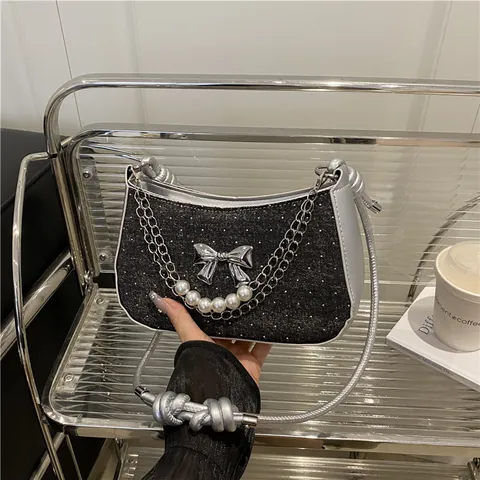 French Style Women Underarm Bag PU Denim Sequin Bow Artificial Pearl Chain Crossbody Shoulder Bag Lazy Fashion Trendy Handbag