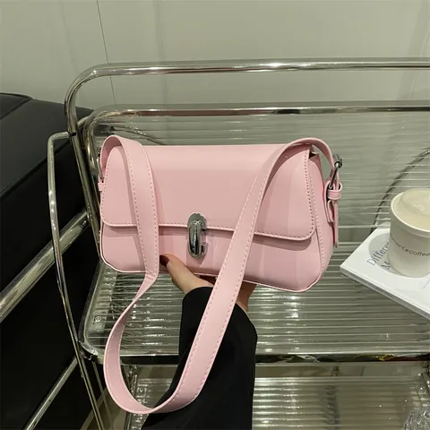 Bolso de Axila de Cuero PU Retro Francés para Mujer Minimalista Color Sólido Bolso de Hombro Con Hebilla de Metal Plateado