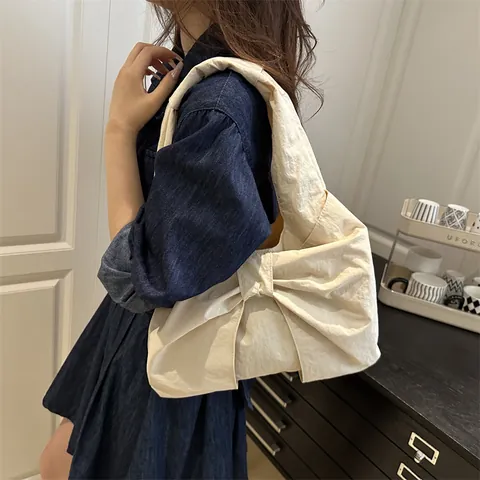 Bolso de Mano para Mujer de Gran Capacidad de Lona a Cuadros Gingham Con Lazo Grande Decorativo Bolso de Hombro Casual
