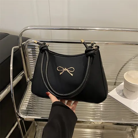 French Style Bow Underarm Bag For Women Vintage Simple PU Leather Shoulder Bag Casual Solid Color Fashion Large Handbag