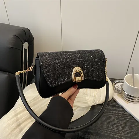 Women Korean Style Sequin Glitter Square Bag Fashion PU Leather Shoulder Bag With Gold Horseshoe Buckle Chain Strap