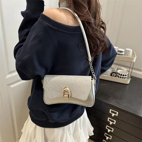 Women Korean Style Sequin Glitter Square Bag Fashion PU Leather Shoulder Bag With Gold Horseshoe Buckle Chain Strap