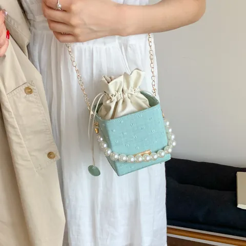 Women's Fashion Denim Pearl Handle Bucket Bag Polka Dot Chain Crossbody Shoulder Small Square Bag Drawstring Closure
