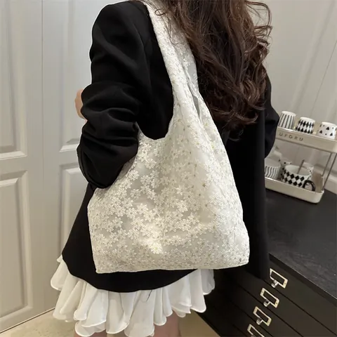 Damen Elegant Spitze Bestickt Floral Tote Tasche Weiß Mesh Handtasche Große Kapazität Hohl Schultertasche Koreanischen Stil Casual Shopper Tasche
