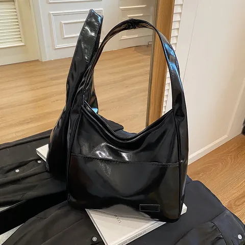 Women Large Capacity Shiny PU Leather Tote Bag Minimalist Retro Shoulder Bag For College Office Daily Soft Solid Hobo Bag