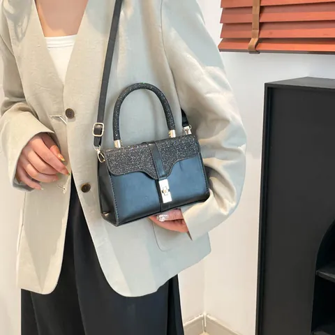Piccola Borsa Quadrata Vintage Con Patta a Paillettes Borsa a Tracolla in Pelle PU Con Lucchetto Metallico Elegante