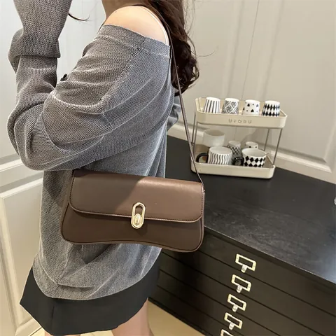 Französischer Stil Retro Einfarbig PU Leder Unterarmtasche Für Damen Mode Vielseitige Schultertasche Mit Metallo-Schloss Handtasche