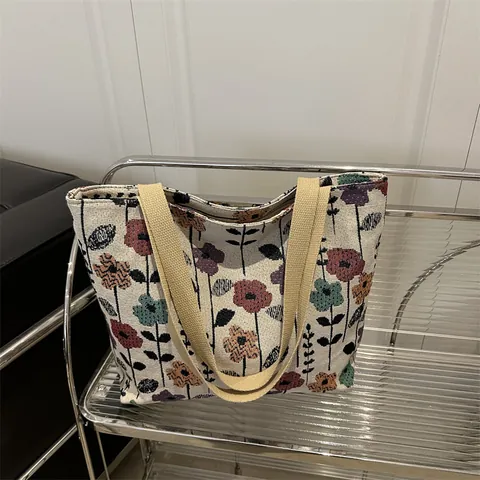 Vintage Floral Jacquard Tragetasche Große Kapazität Damen Umhängetasche Canvas Achseltasche Handtasche Lässige Pendler Tasche