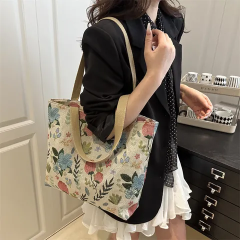 Vintage Floral Jacquard Tragetasche Große Kapazität Damen Umhängetasche Canvas Achseltasche Handtasche Lässige Pendler Tasche