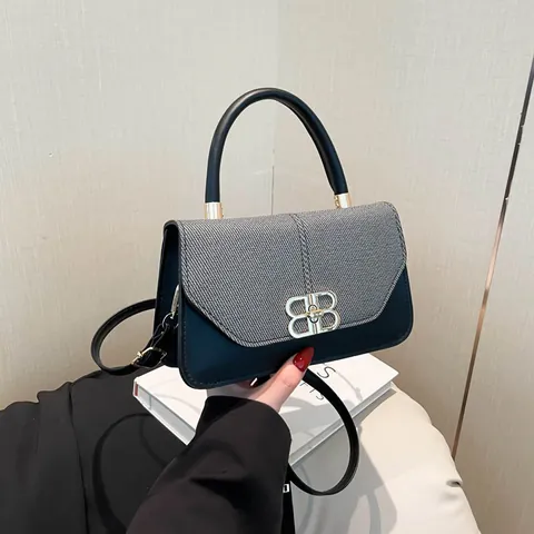 Women Retro PU Leather Tweed Patchwork Small Square Bag Golden Interlocking Buckle Contrast Color Shoulder Crossbody Handbag