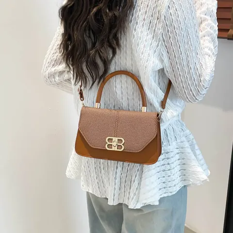 Women Retro PU Leather Tweed Patchwork Small Square Bag Golden Interlocking Buckle Contrast Color Shoulder Crossbody Handbag