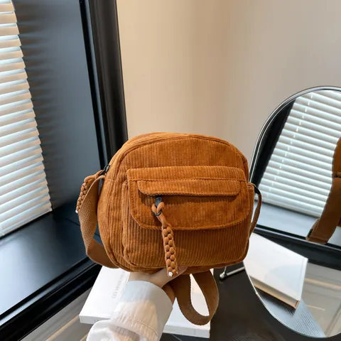 Women Corduroy Crossbody Bag Vintage Solid Color Shoulder Bag With Front Flap Pocket Braided Zipper Pull Casual Campus Small Bag