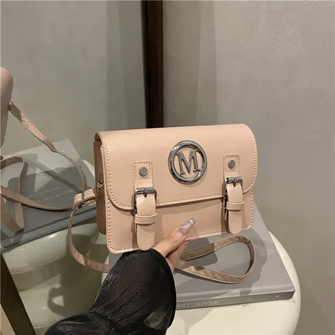 Women Fashion PU Leather Color Block Crossbody Bag With Metal M Logo Double Buckle Small Square Shoulder Bag For Daily Commute