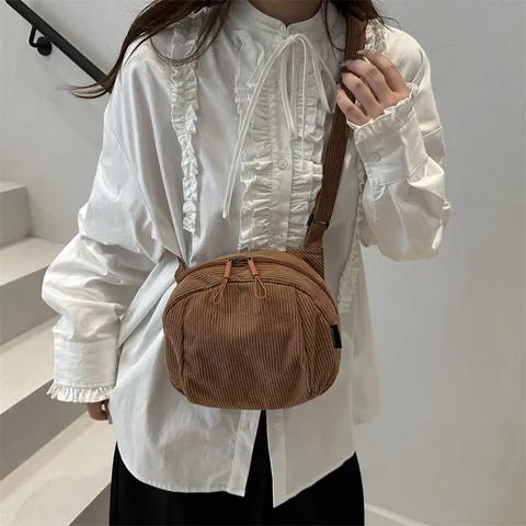 Bolso Bandolera de Pana para Mujer Forma de Concha Minimalista Bolso de Hombro Casual Pequeño Cremallera Color Sólido Retro