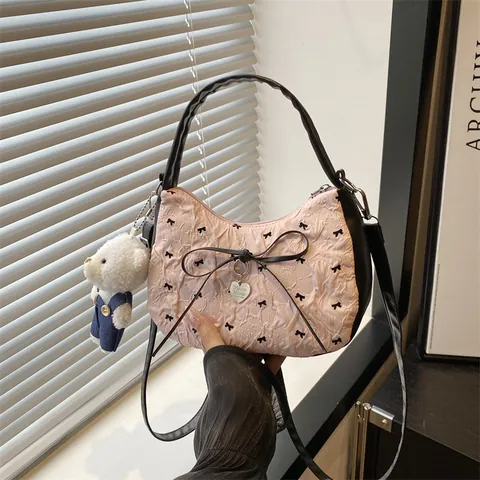 Women's Sweet Bowtie Bubble Texture Shoulder Bag With Heart Pendant Teddy Bear Plush Accessory Versatile Pleated Handbag Tote