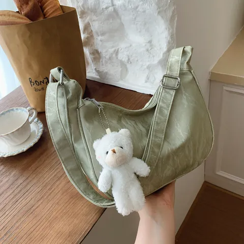 Women Casual PU Leather Hobo Bag Pleated Texture Shoulder Bag With Plush Bear Charm Minimalist Solid Color Crossbody Handbag