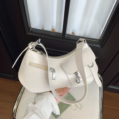 Vintage Damen PU Leder Unterarmtasche Glänzend Y2K Stil Schultertasche Multi Tasche Reißverschluss Mode Handtasche Pendeln
