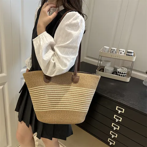 Large Capacity Straw Woven Striped Tote Bag For Women Summer Beach Casual Shoulder Bag With Synthetic Leather Handle Commuting Handbag