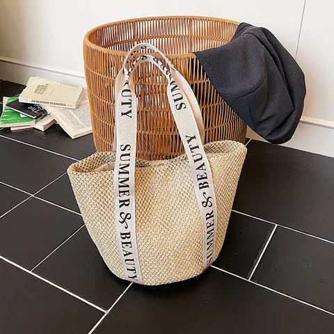 Borsa Tote in Paglia Intrecciata a Mano da Donna Grande Capacità Borsa a Tracolla per Vacanze al Mare Con Cinghie in Tela Lettere e Fondo in PU