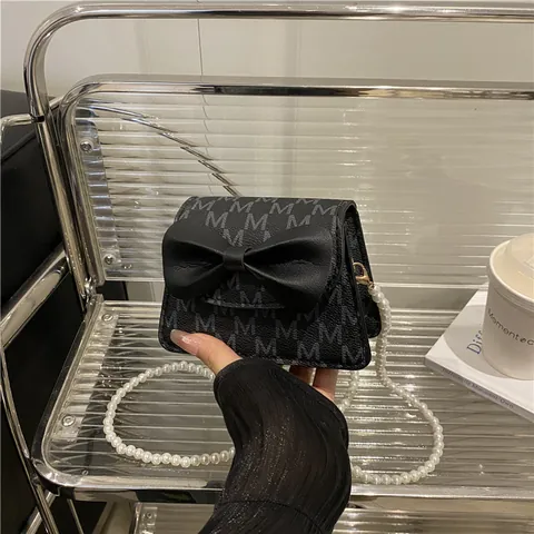 Kids Fashion Pearl Chain Mini Crossbody Bag Girl Bow Decoration Monogram Princess Handbag PU Leather Small Shoulder Bag