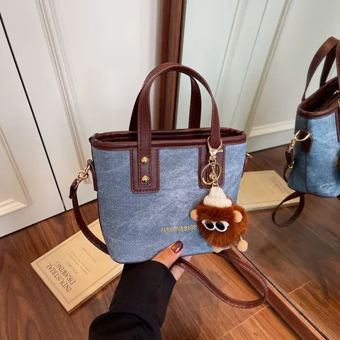 Women's Vintage Denim PU Leather Patchwork Tote Bag Square Shoulder Crossbody Handbag With Fashion Letter And Monster Pendant