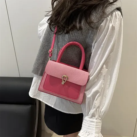 Bolso Cuadrado Pequeño para Mujer Color de Contraste Cuero PU Tejido Patchwork Hebilla de Metal Bolso de Mano Bandolera para Viaje Diario Diario