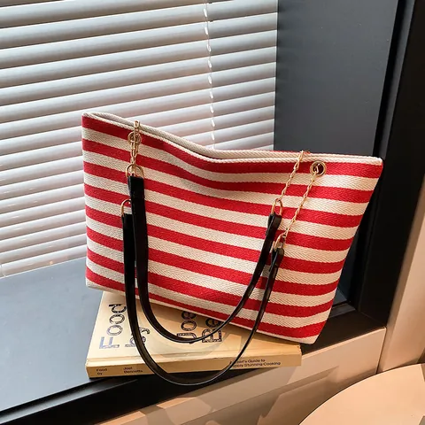 Bolso Tote de Lona a Rayas de Gran Capacidad para Mujer Con Cadena Dorada Correa de Cuero PU Bolso de Hombro de Color de Contraste Para Viajes Diarios