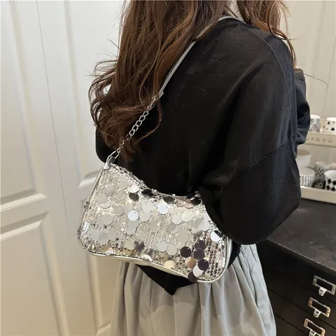 Women Sequin Underarm Bag Fashion Chain Shoulder Bag PU Leather Shiny Party Handbag Small Square Purse Zipper Daily Bag