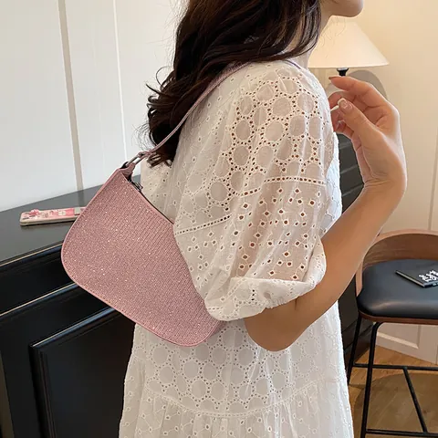 Women Luxury Rhinestone Underarm Bag Shiny Sequin Shoulder Bag Solid Color Glitter Hobo Handbag For Party Wedding Daily