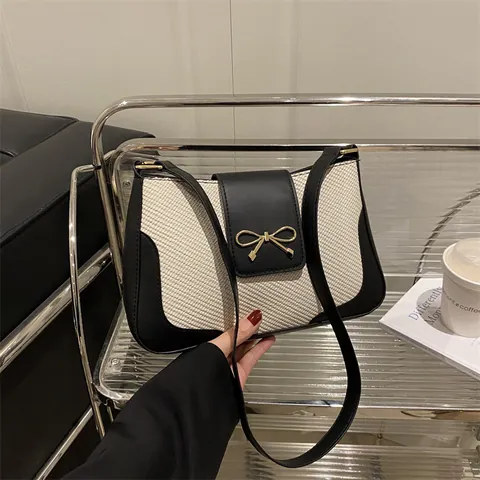 Women Fashion Bow Metal Buckle Shoulder Bag PU Leather Woven Patchwork Underarm Bag Minimalist Saddle Bag Retro Crossbody Bag