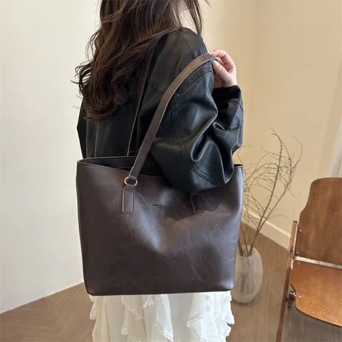 Bolso Tote de Mujer de Gran Capacidad de Cuero PU Minimalista Vintage Bolso de Hombro de Axila para Viaje Diario Oficina