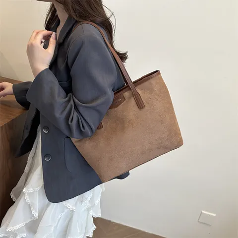 Bolso Tote de Mujer Vintage de PU Efecto Gamuza Gran Capacidad Minimalista Bolso de Hombro de Axila Con Puntadas Diario Viaje