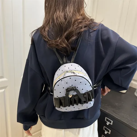 Mini Mochila para Mujer a Rayas Azules y Blancas Patrón de Corazón Lona PU Lazo Volantes Detalle Bolso de Hombro Moda Dulce